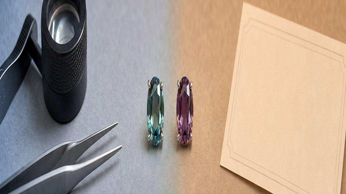 光源を変えてアレキサンドライトの色変化を確認している様子