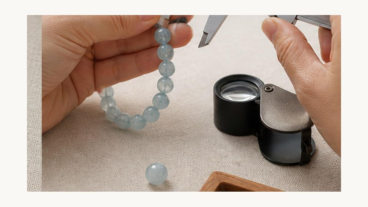ノギスとルーペでアクアマリンブレスレットの粒サイズを確認している様子