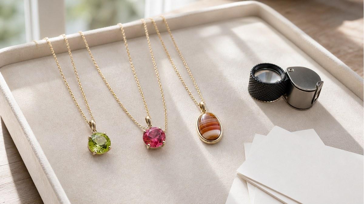 ペリドット風、スピネル風、サードオニキス風のネックレスを並べて確認している様子