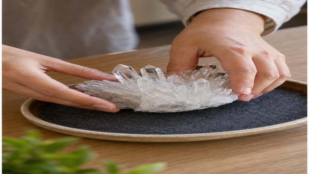 手元で水晶クラスターをフェルトマットを敷いた浅い陶器皿に置き安定感を確認している写真