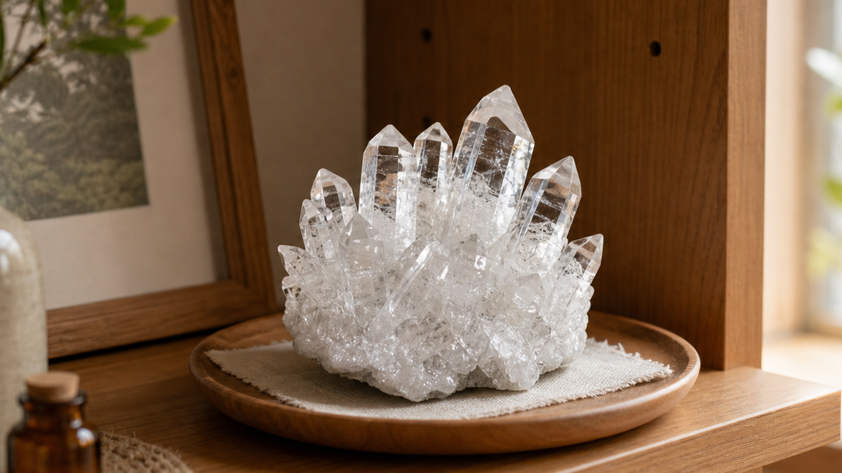 棚の上に安定して置いた水晶クラスター