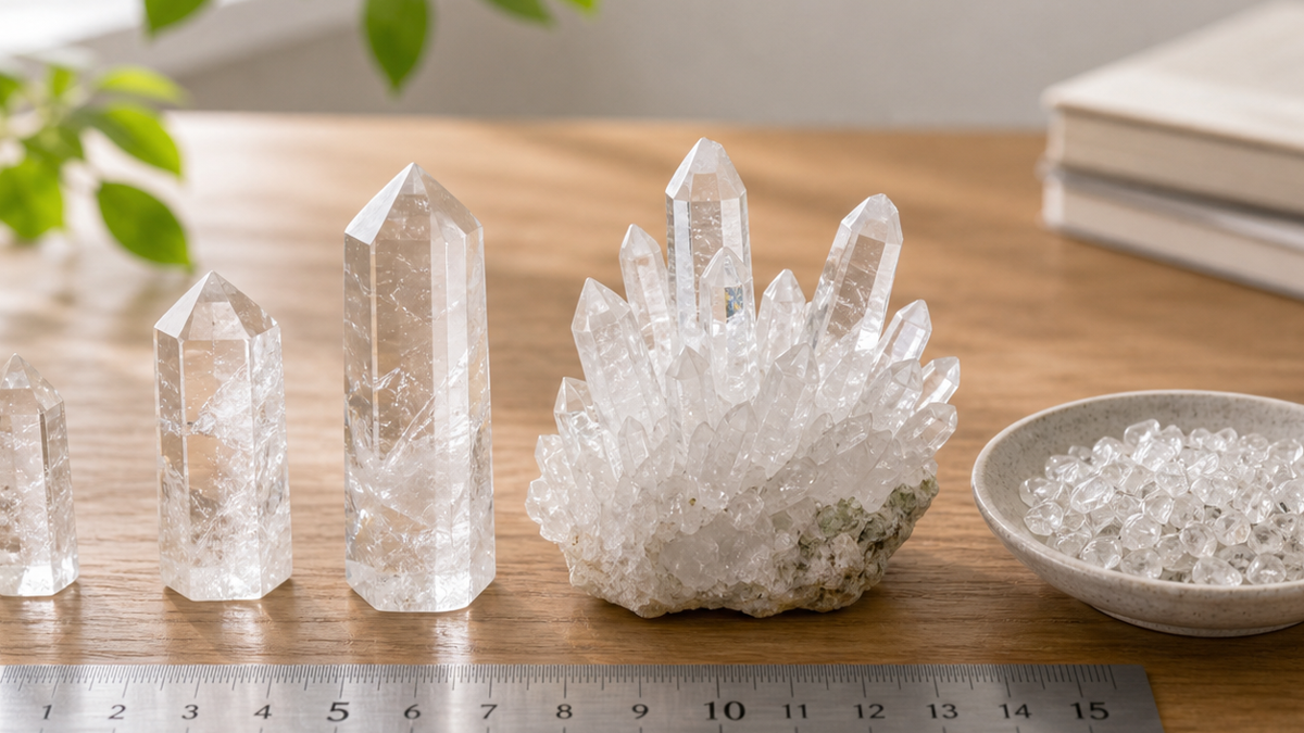 布の上に置いた水晶ポイントの先端、縁、内包物を確認する様子