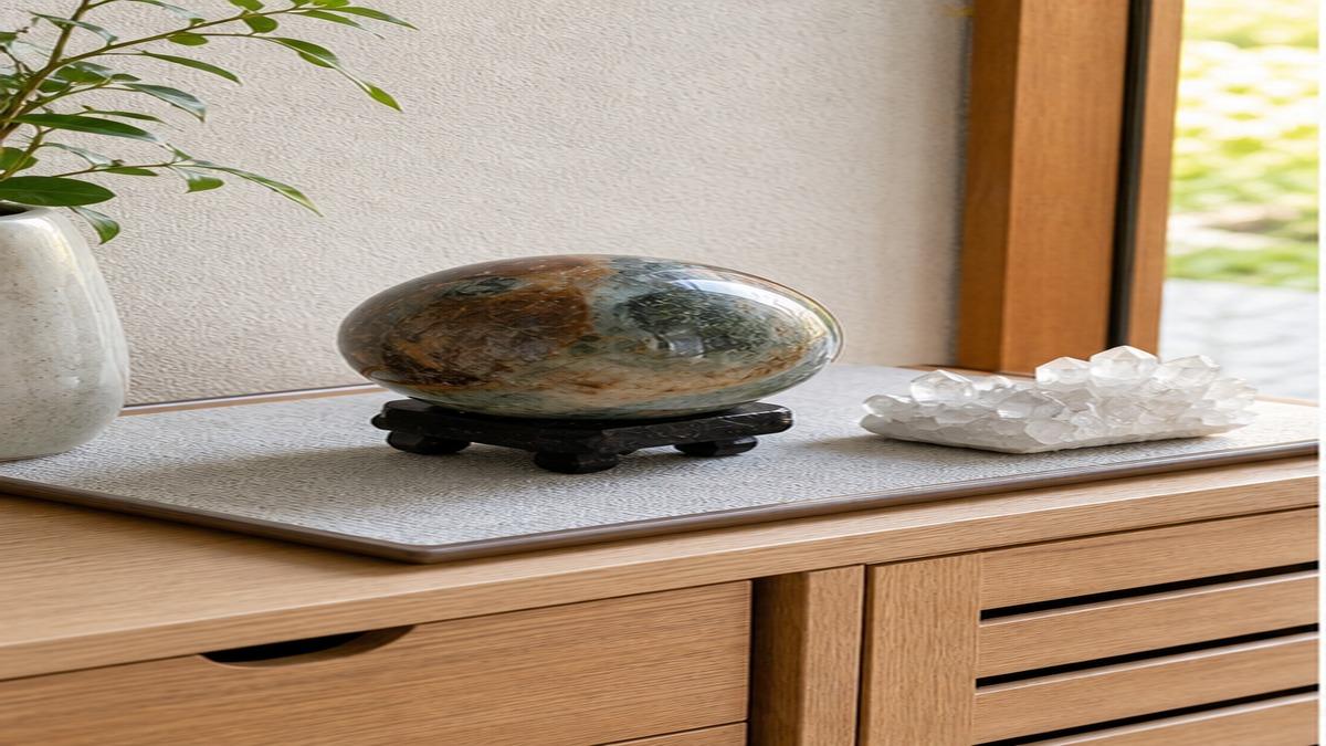 玄関の靴箱上に天然石の丸玉と水晶クラスターを台座や滑り止めマットに載せて飾っている写真