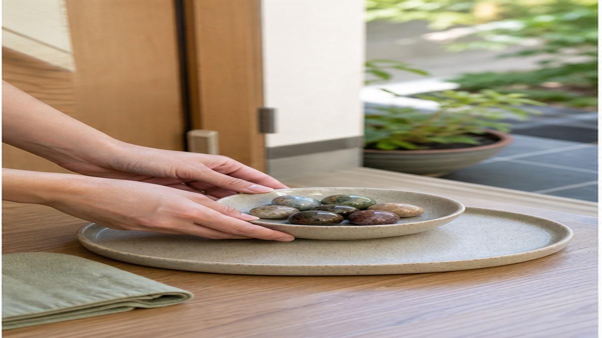 玄関の棚でタンブル石を縁のある陶器皿にまとめ、手で棚の奥側へ安全に置いている写真