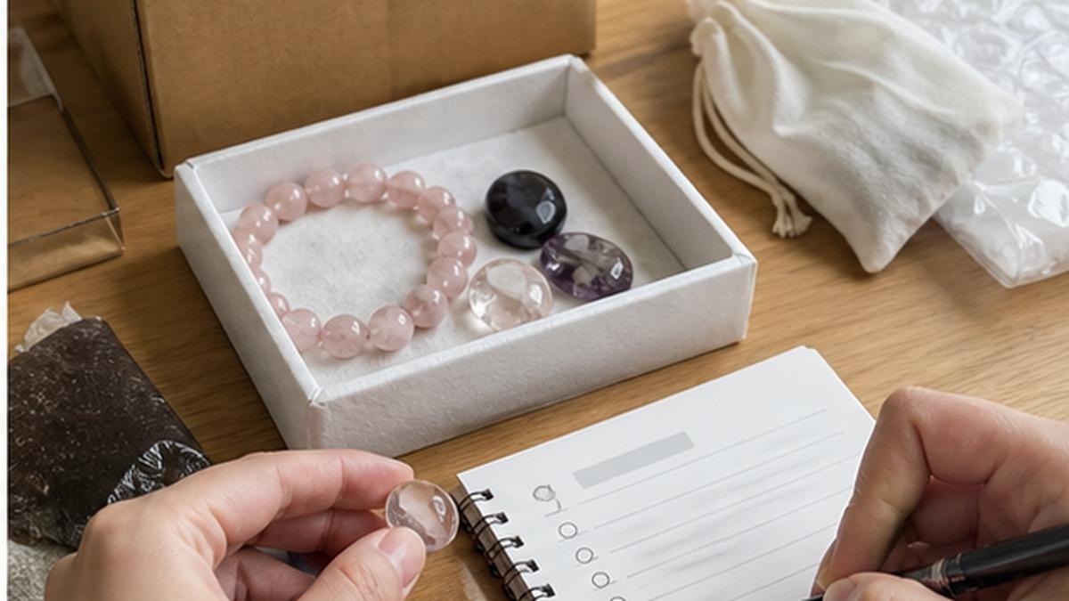 届いた天然石を小皿に出して商品説明やメモと見比べている写真