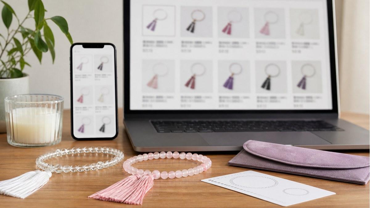 スマートフォンとノートパソコンで女性用の天然石数珠を比較している様子