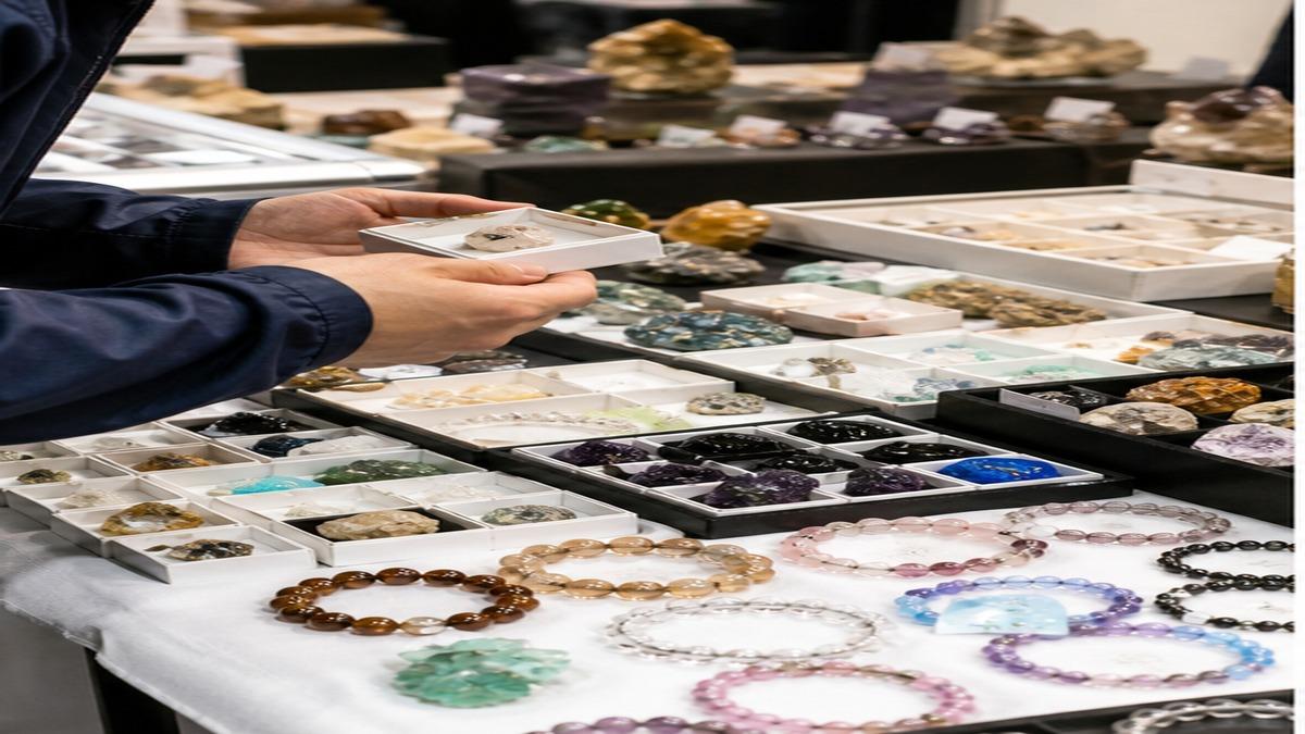 ミネラルショーの会場で天然石やブレスレットを見比べている写真
