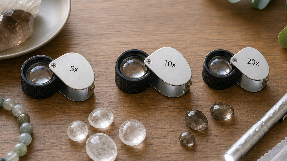 5倍、10倍、20倍のジュエリールーペ、水晶、スモーキークォーツ、天然石ブレスレット、ペンライトを並べた比較