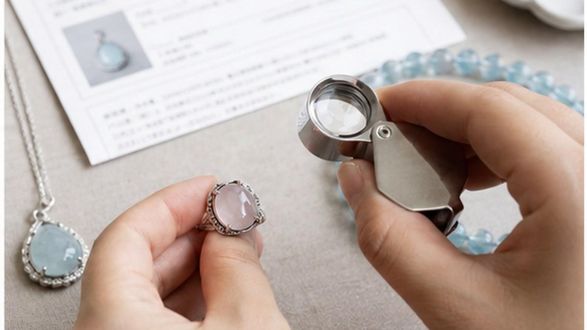 ルーペとライトで天然石リングやペンダントの色味と商品説明を確認している様子