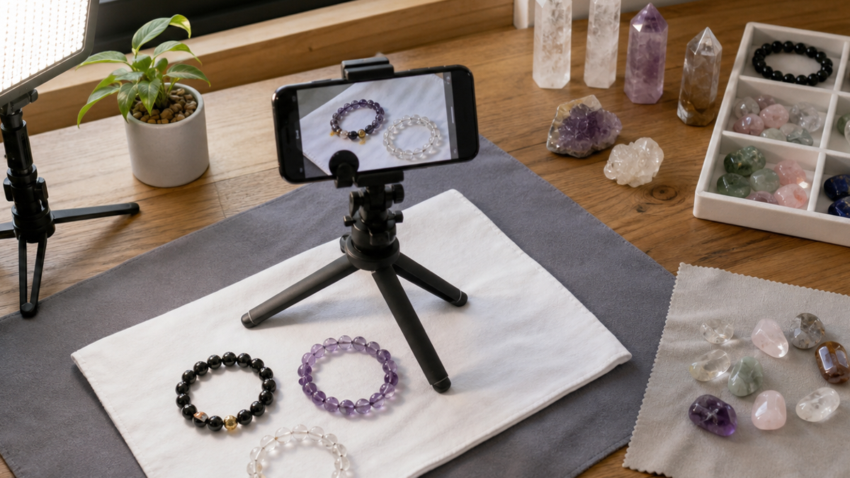 木の机に天然石ブレスレット、水晶ポイント、小型LEDライト、スマホ用三脚、背景布、トレーを並べた様子