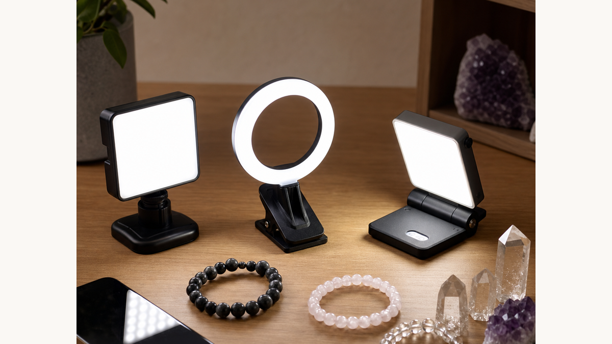 LEDパネル、リングライト、折りたたみライトと天然石ブレスレットを並べた比較