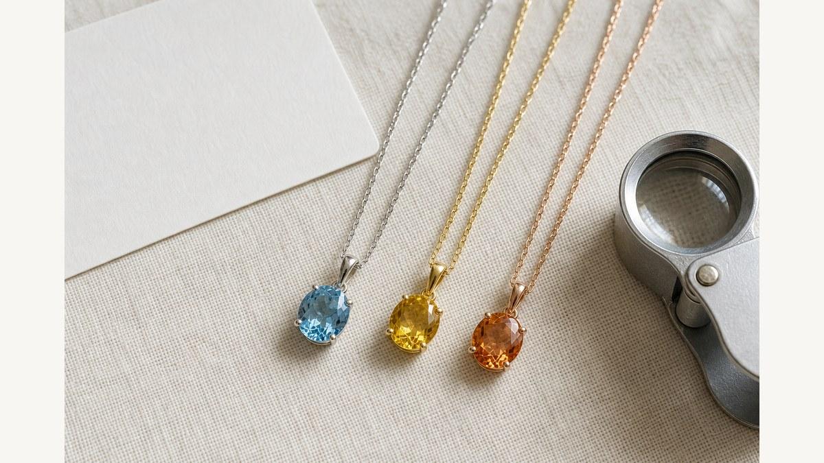 ブルートパーズ風、シトリン風、インペリアルトパーズ風のネックレスを並べて確認している様子