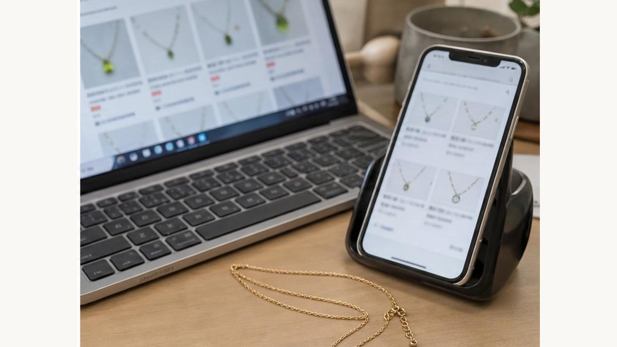 スマートフォンとノートパソコンでペリドットネックレスを比較している様子
