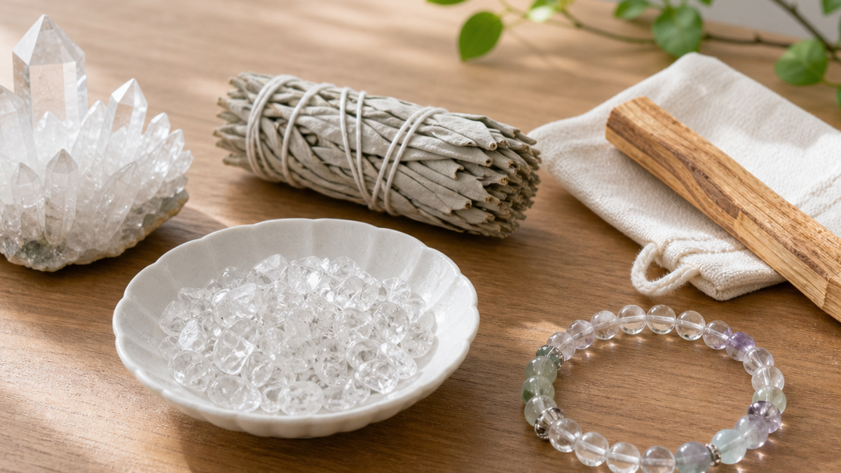 煙を使わない水晶さざれ石セット、香りを使うセージセット、保管用品セットを並べた比較