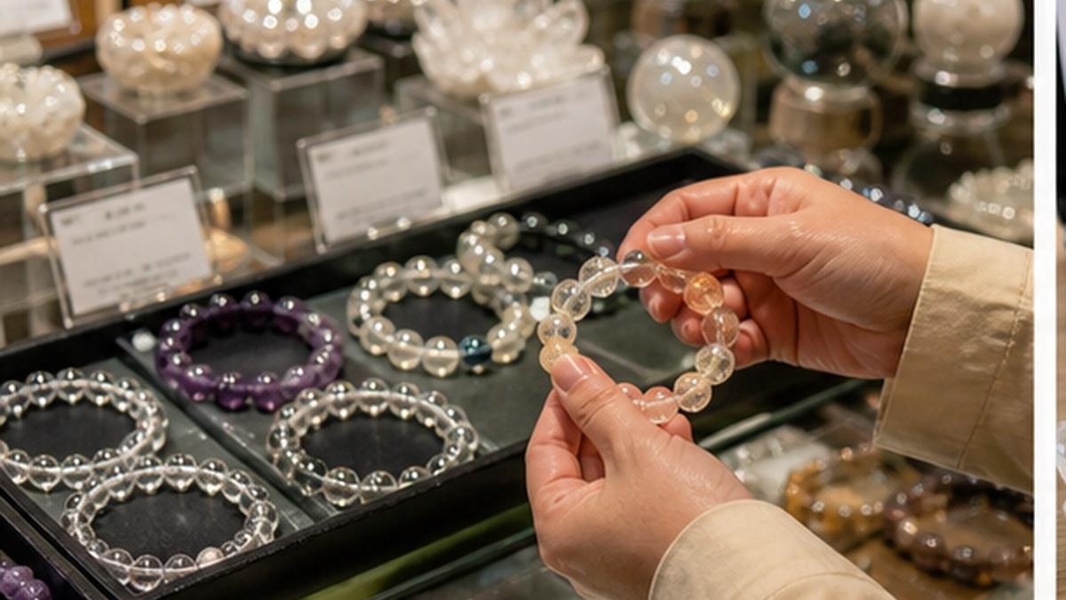 実店舗のカウンターでパワーストーンブレスレットや水晶を見比べている写真