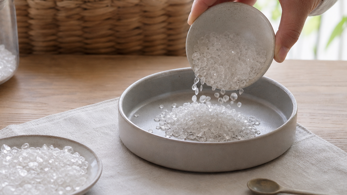 手で小皿から深さのある陶器トレーへ水晶さざれ石を移している様子