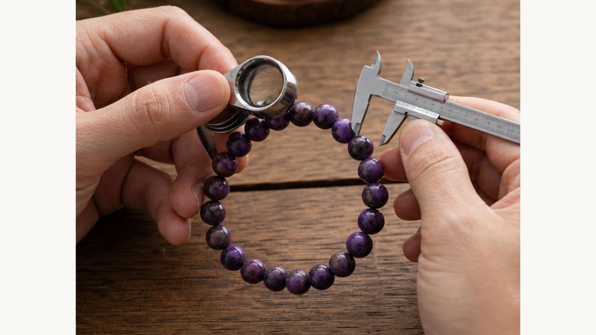ノギスとルーペでスギライトブレスレットの粒サイズと色味を確認している様子