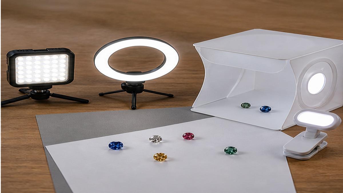 LEDパネル、リングライト、クリップライト、ミニ撮影ボックス、白とグレーの背景紙、複数の色石ルースを比較している写真