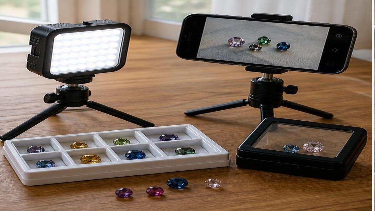 小型LEDライト、スマホスタンド、ルースケース、複数の色石ルースを木製机に並べて撮影している写真