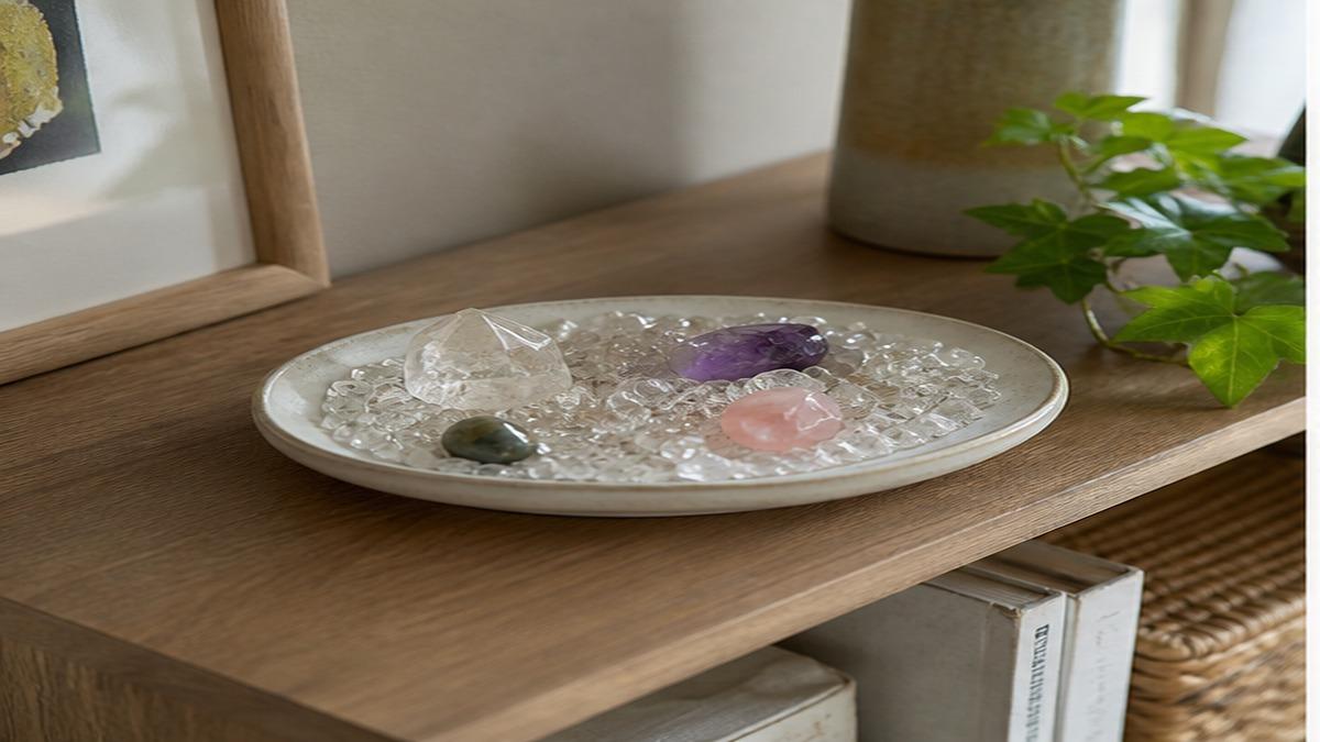 リビングの木製棚で浅い陶器皿に水晶さざれ石と小さな天然石を飾っている写真