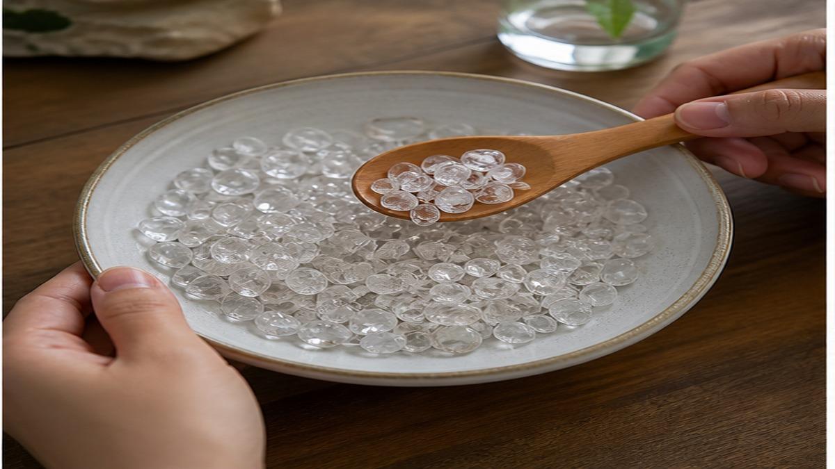 手元で木製スプーンを使い水晶さざれ石を縁のある陶器皿に入れて量とこぼれにくさを確認している写真
