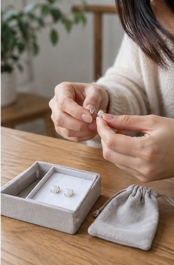 ピアス金具は素材とキャッチの形を見るを示す実写風イメージ